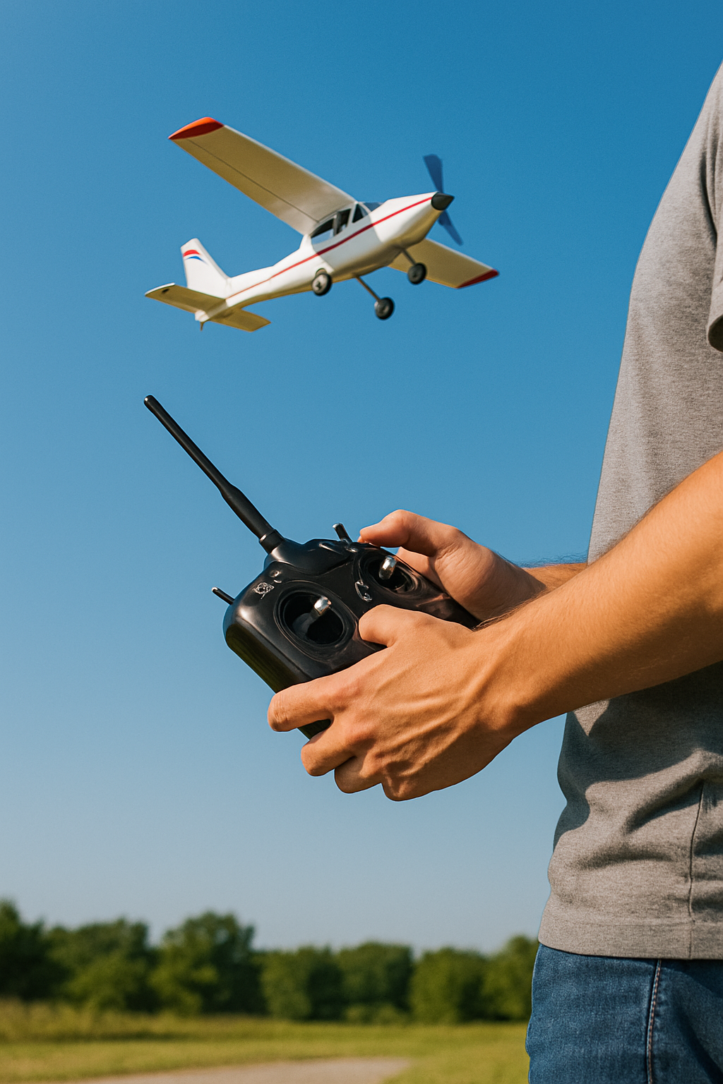 En person håller fjärrkontrollen och styr ett RC-modellflygplan som lyfter mot en klarblå himmel